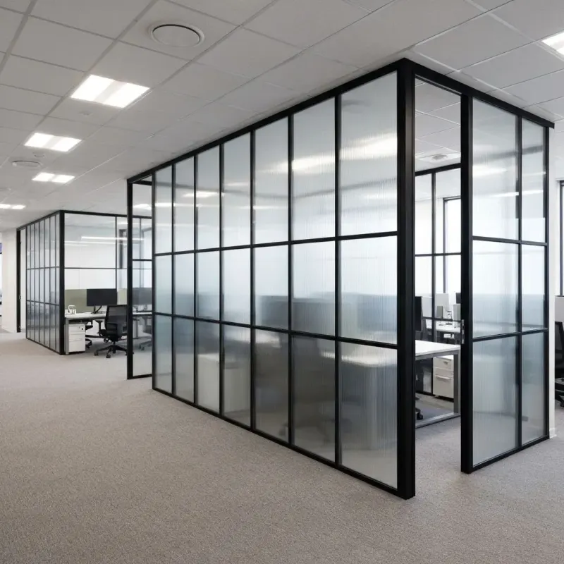Framed glass partition forming office cabins on a carpeted floor Framed glass partition forming office cabins on a carpeted floor