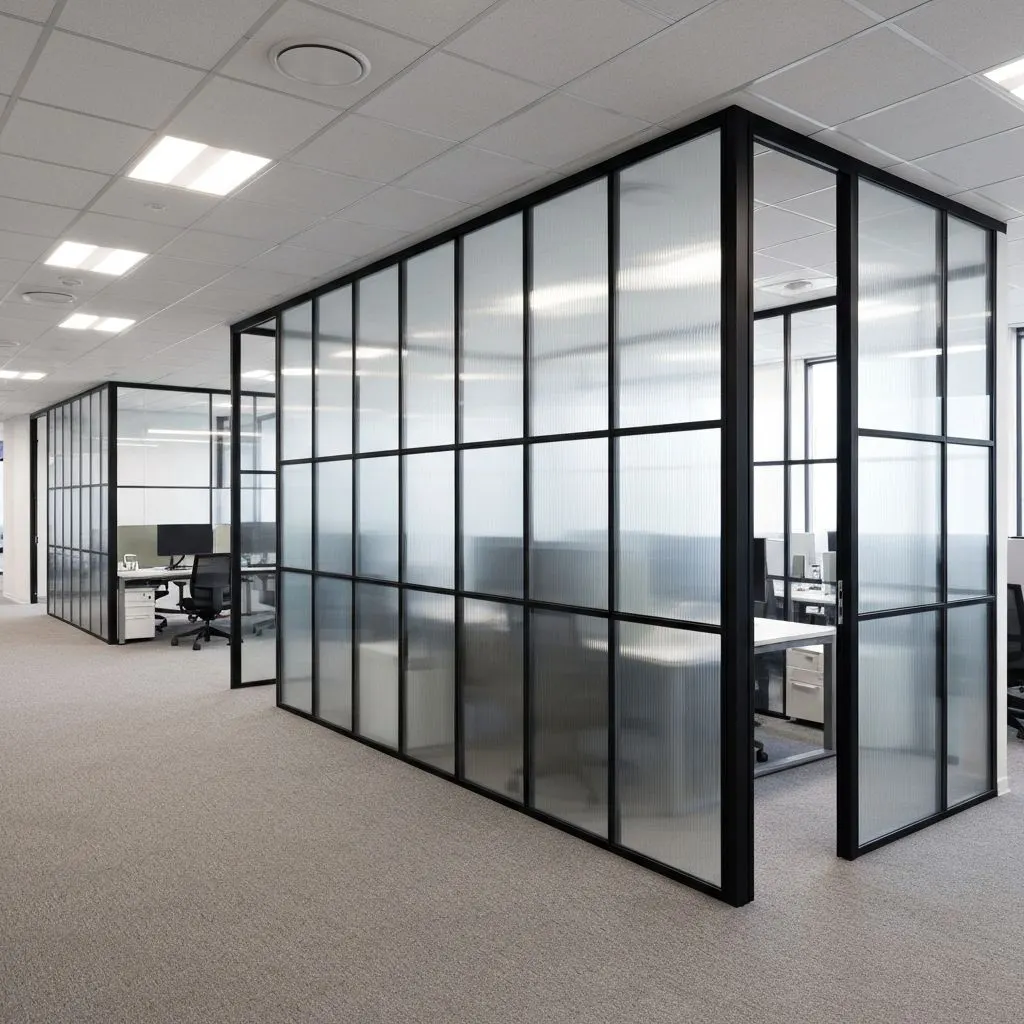 Framed glass partition forming office cabins on a carpeted floor Framed glass partition forming office cabins on a carpeted floor